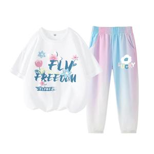 拉夏贝尔女童t恤夏装儿童夏季短袖套装大童速干防蚊裤女孩夏装潮