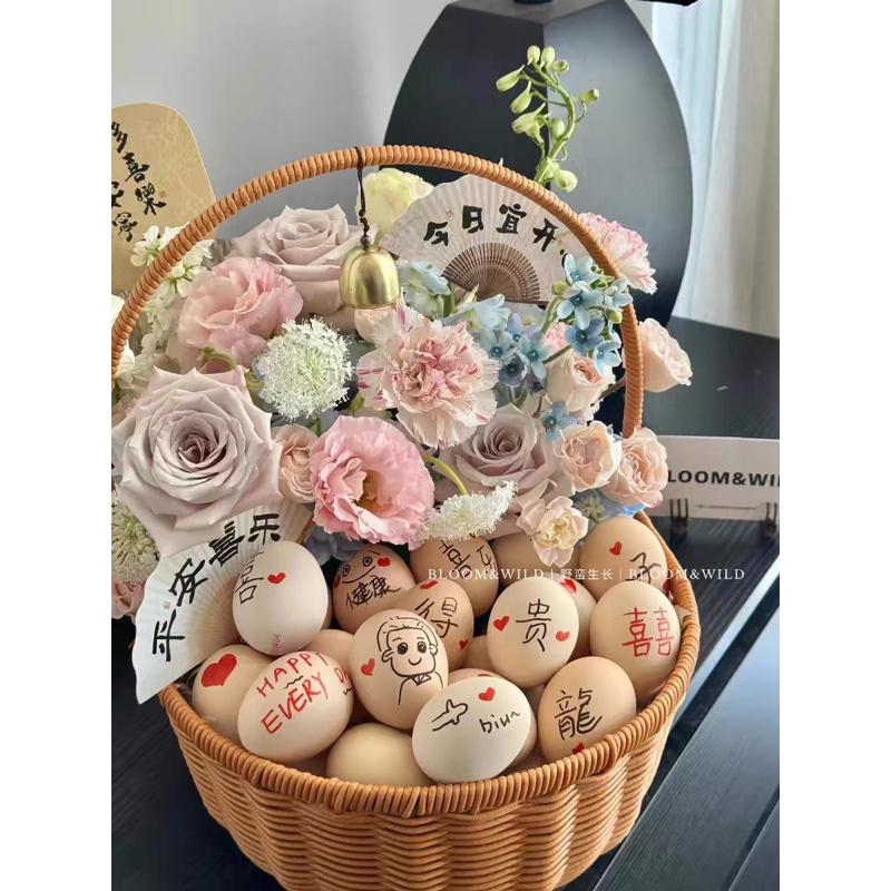 生孩子送月子花篮送产妇花篮 鲜花鸡蛋diy手提花篮藤编水果花篮子