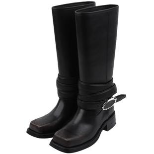 CALVINLUO 方头绑带缠绕高筒筒靴 23秋冬 秋冬新品 黑色