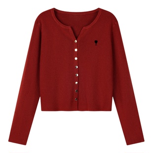 AMI美式高级感甜美气质红色V领针织开衫女秋冬休闲显瘦外套小香风