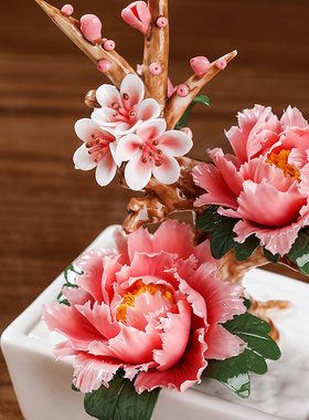 花开富贵陶瓷手工仿真牡丹花盆栽小摆件家居客厅装饰博古架X工艺