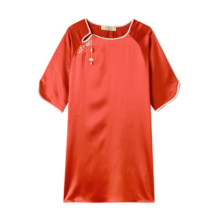 美标春夏重磅桑蚕丝七分袖睡裙女中国风红色本命年家居服丝绸睡衣