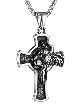 男钛钢复古狮子王头像十字架项链
