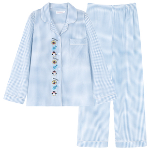 日系蓝色格子企鹅pingu睡衣女款秋季长袖纯棉秋冬家居服网红风