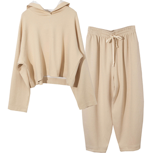 可拆分时尚两件套 宽松大廓形套头连帽短款卫衣休闲哈伦八分卫裤d