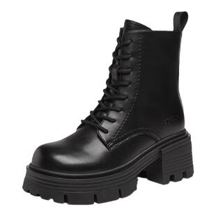 星期六厚底黑色马丁靴女新款春季爆款高跟中筒靴巨好看英伦风短靴