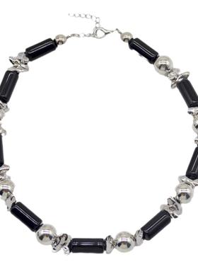 复古竹节金属球女金属球碎银项链