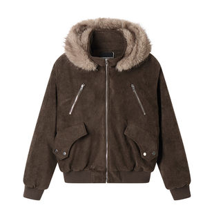 白口阳【焦糖熊熊】美拉德加棉加厚毛绒帽子立领夹克毛呢外套男生