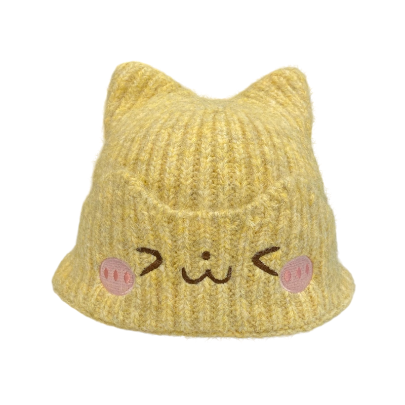 可爱猫耳笑脸刺绣针织帽女秋冬季