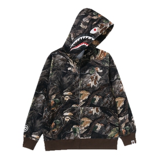 BAPE童装25年秋冬树叶纹迷彩图案鲨鱼连帽卫衣开衫外套004156P