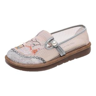 夏季新款老北京布鞋女网面透气民族风绣花鞋软底舒适一脚蹬妈妈鞋