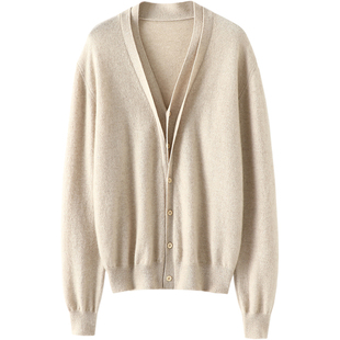 炸街潮范~假两件双V领羊绒开衫女纯羊绒毛衣针织开衫外套宽松秋冬