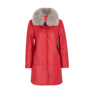 【绵羊皮】马天奴女装秋冬新款红色狐狸毛领皮衣羽绒服保暖外套