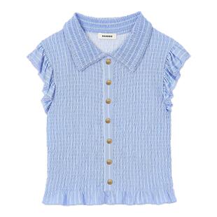 SANDRO2025春夏女装法式气质优雅花边领撞色纽扣天蓝色针织T恤衫