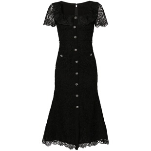 法式轻奢气质优雅设计感别致鱼尾裙摆短袖方领蕾丝修身长款连衣裙