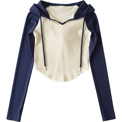 长袖辣妹风撞色插肩袖连帽T恤女