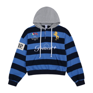 Protocol index条纹撞色刺绣战马连帽衫卫衣美式复古休闲宽松外套