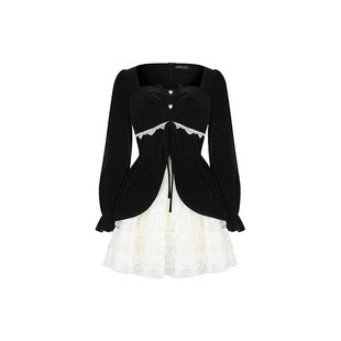 安妮不火宫廷风港平绒蕾丝拼接连衣裙女微胖大码法式假两件收腰裙