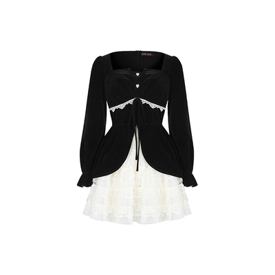 安妮不火宫廷风港平绒蕾丝拼接连衣裙女微胖大码法式假两件收腰裙