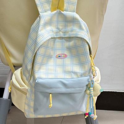 书包女高中生韩系ins小众格子背包大容量结实耐用初中学生双肩包