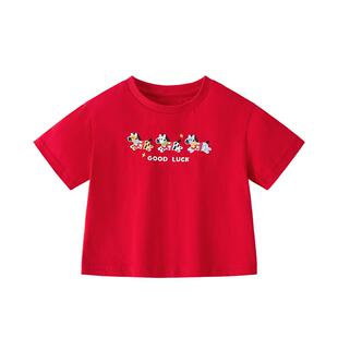 jellybaby女童短袖儿童春季t恤亲子一家三口红色过年上衣宝宝春装