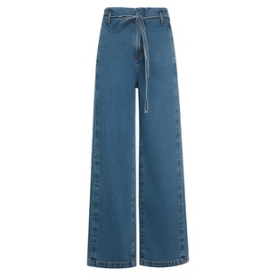 HUI卉经典长绒棉黛蓝色宽松直筒微阔腿包容系带牛仔裤子显瘦经典