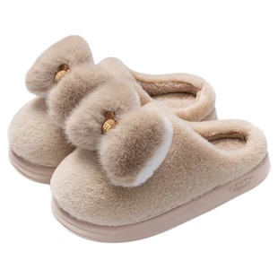 蝴蝶结毛绒棉拖鞋女包跟可爱保暖室内家居防滑加厚厚底棉鞋女新款