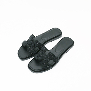 新款带水钻h拖鞋女夏真皮平底跟一字百搭时尚外穿沙滩旅游H凉鞋子
