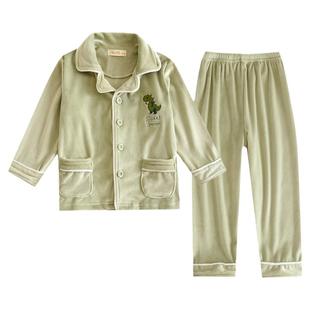 儿童秋冬加厚保暖海岛绒睡衣套男童小清新可爱刺绣恐龙纯色家居服