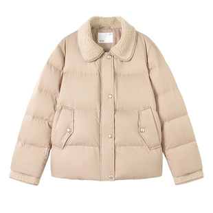 YBAI/亦白 25冬季新款时尚简约金属扣羊羔毛拼接羽绒服外套上衣女