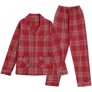 圆人睡衣女春秋季纯棉长袖格子开衫红色大码秋天可外穿家居服套装