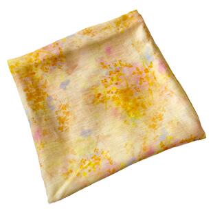 薄款半透 姜黄+鹅黄色和风团花晕染印花真丝苎麻丝麻布料汉服面料