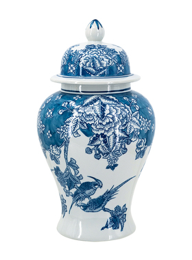 新中式青花瓷花鸟盖罐摆件