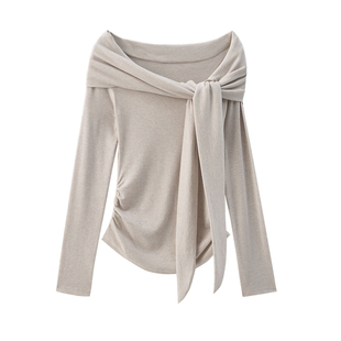 LIMONN绝美温柔天丝羊毛衫 一字肩绑带飘带长袖针织衫打底上衣t恤