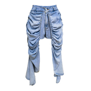 外贸抽褶不规则飘片假两件牛仔短裤女士显瘦休闲裙裤Jeans pants