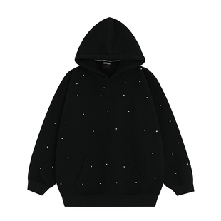 INSstudios 国潮牌情侣美式高级感钉珠连帽卫衣宽松加绒连帽衫男