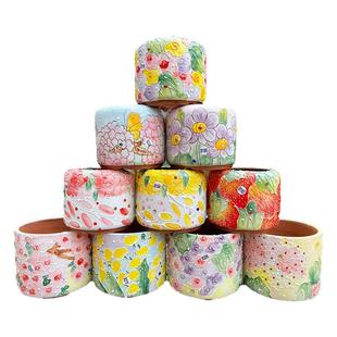 景德镇雕刻手绘濑户烧红陶透气吸水梦露群生多肉直筒花盆口5/7/9