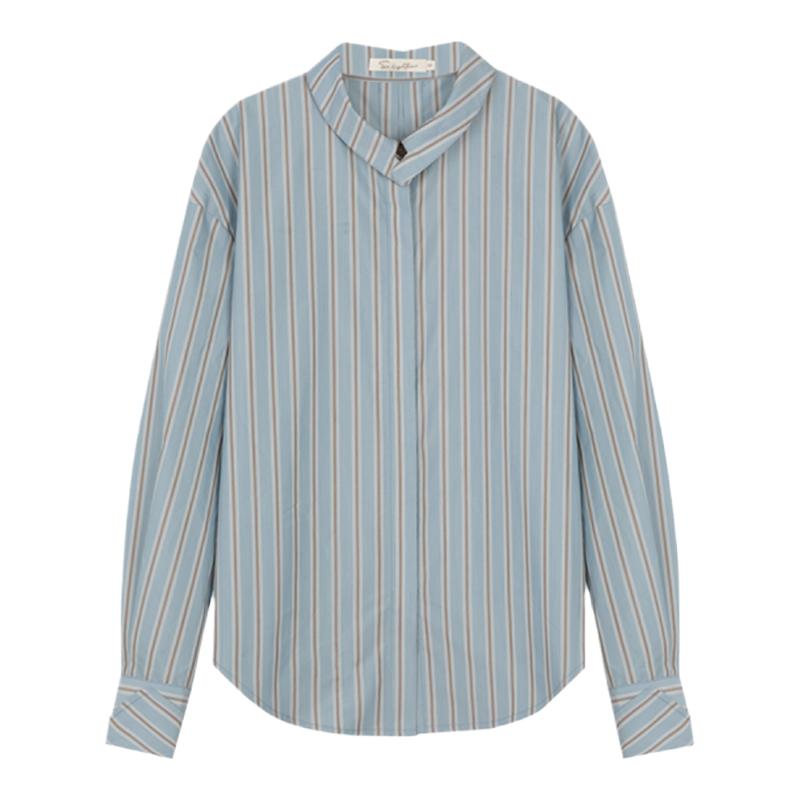 solighter 法式复古翼领竖条纹衬衫宽松长袖衬衣春