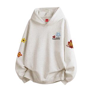 查尔斯桃心美式蝴蝶印花卫衣男连帽冬季加绒加厚套头新款情侣上衣