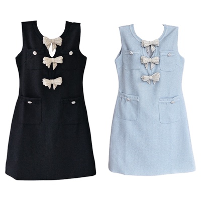 法式小香风珍珠蝴蝶结连衣裙