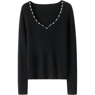 GAO端气质拿捏!手工缝钻V领山羊绒衫女纯羊绒毛衣针织打底衫秋冬