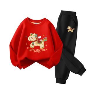 史努比儿童拜年服2026马年卫衣红色过年衣服本命年男童加绒套装冬