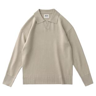 秋季新款休闲翻领毛衣复古时尚内搭宽松慵懒纯色POLO领针织衫男