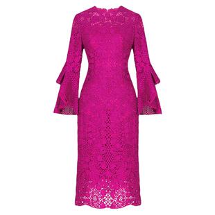 三千纷繁 金丝线重工蕾丝气质修身收腰钩花镂空七分喇叭袖 礼服裙