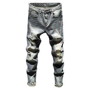 潮牌水洗复古做旧牛仔裤男士泼墨喷漆泼墨修身乞丐裤子小脚2025