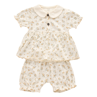 婴儿儿衣服夏薄款分体套装女宝宝公主碎花短袖短裤周岁纯棉小月龄