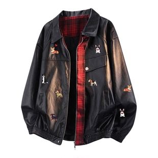 查尔斯桃心小狗印花格子pu皮夹克新款男女春秋季百搭休闲情侣外套