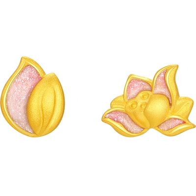 潮宏基花韵足金耳钉黄金耳饰珐琅荷花和和美美新中式生日 计价