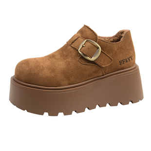 加绒乐福鞋女冬季2026新款松糕厚底勃肯鞋小个子34码增高保暖棉鞋