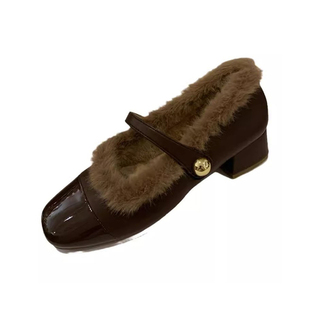 粗跟玛丽珍鞋女冬2025新款法式晚风毛毛鞋女外穿加绒仙女高跟单鞋